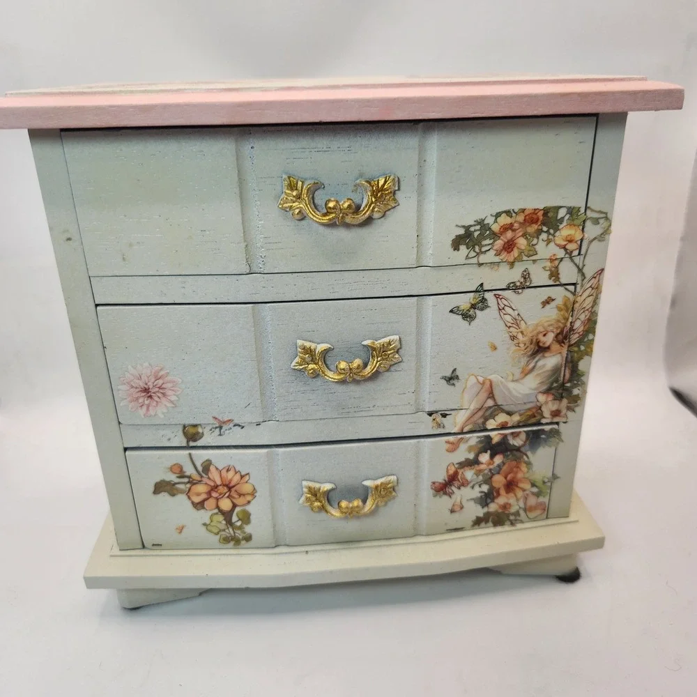 Vintage Fairy Jewelry Music Box 3 Drawer Chest and Matching 12in Vanity Tray Set
